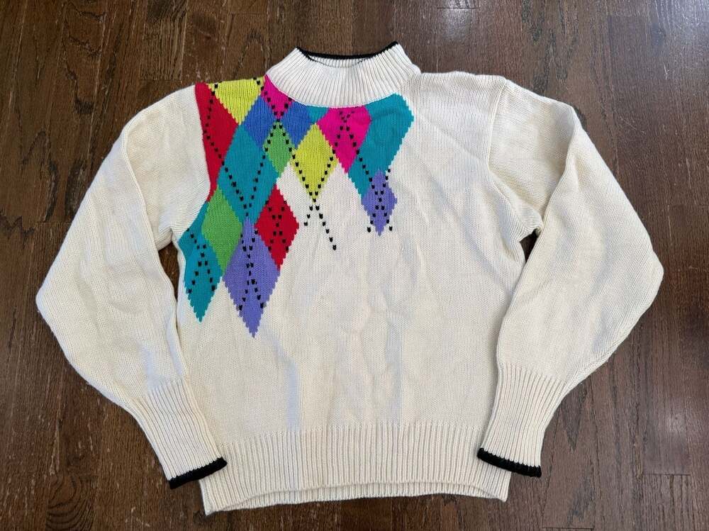 Vintage Renee Tener for Jeanne Pierre 80s Neon Argyle Mock Neck Sweater